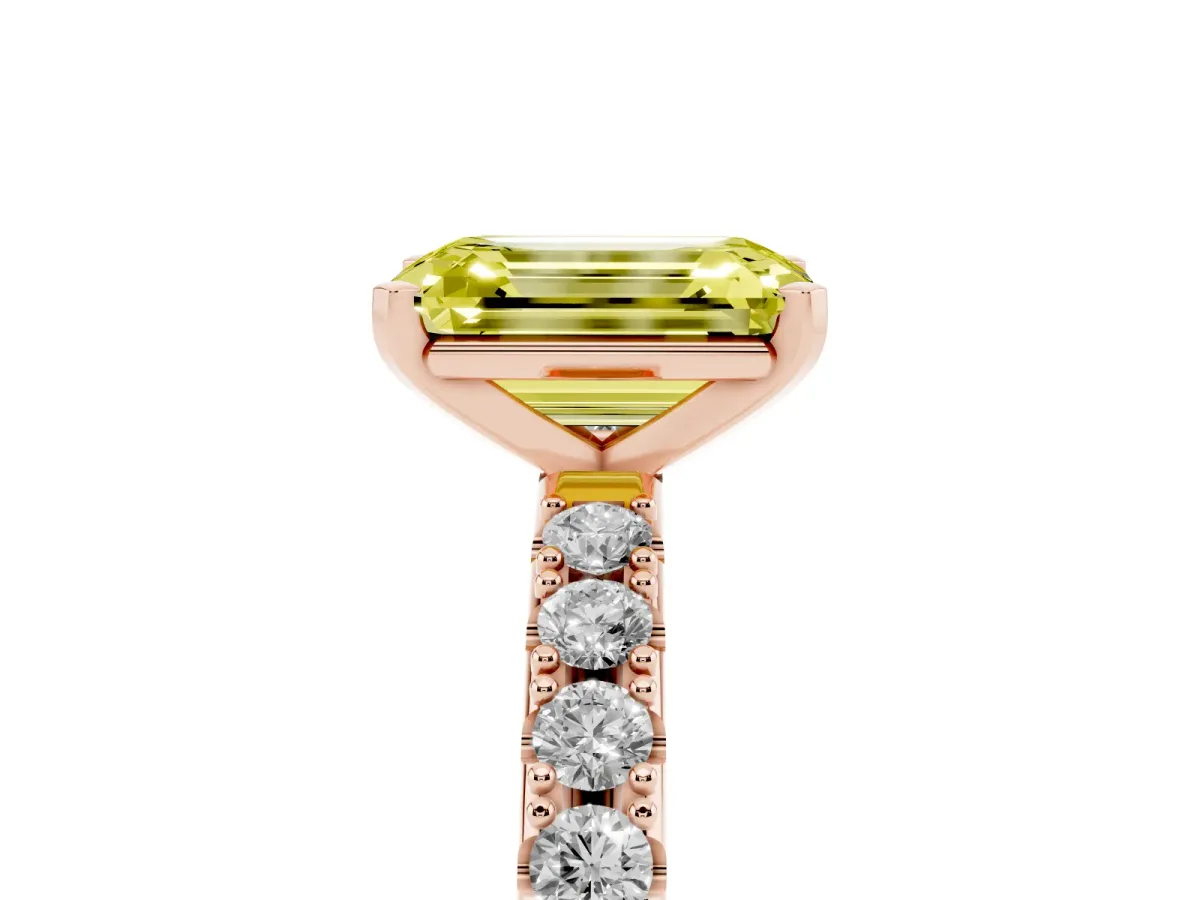 Fancy Yellow Emerald Cut Diamond Solitaire Pavé Band with Four-Prong Setting Rose gold
