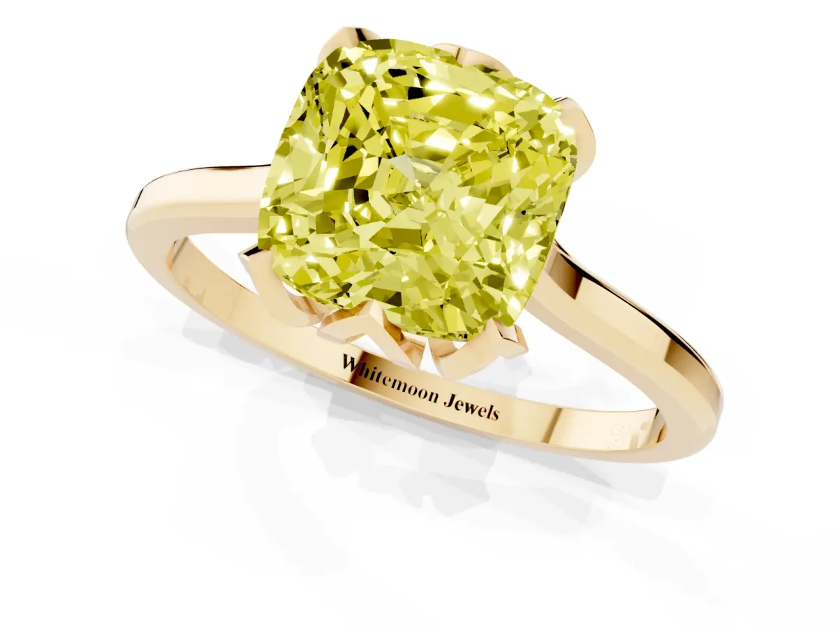 Fancy Yellow Cushion Cut Diamond Solitaire Ring with Flower Prong Setting and Classic Band Yellow gold