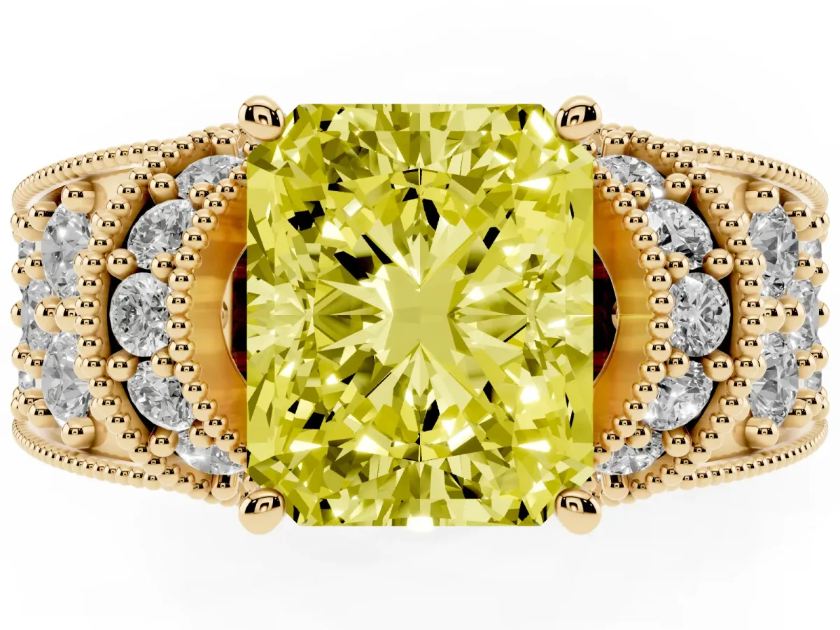 Fancy Yellow Radiant Cut Halo Pave Diamond Engagement Ring with Milgrain Detailing Yellow gold