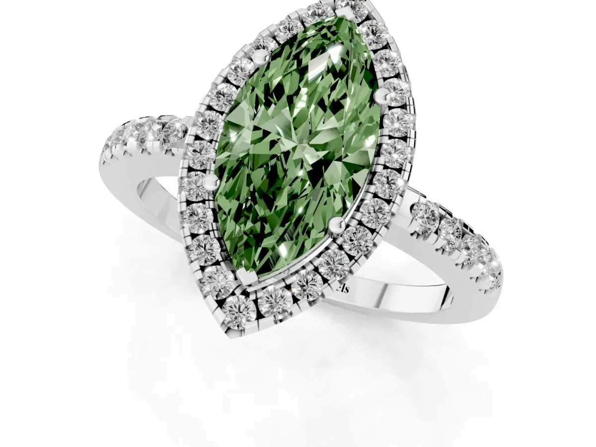 Fancy Green Marquise Cut Halo Diamond Engagement Ring with Pavé Band and Four-Prong Setting Silver