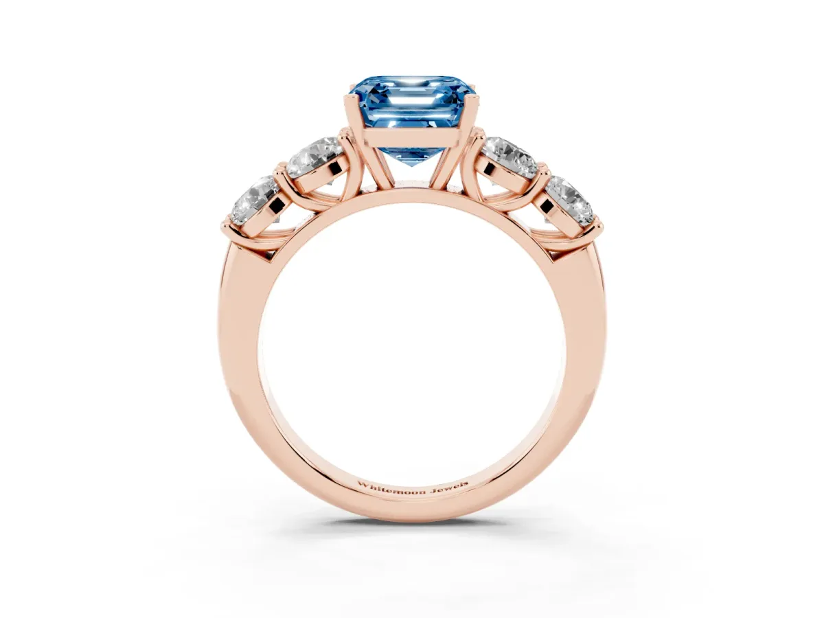 Fancy Blue Asscher Cut Cut Five-Stone Prong Set Diamond Ring with Classic Band Rose gold