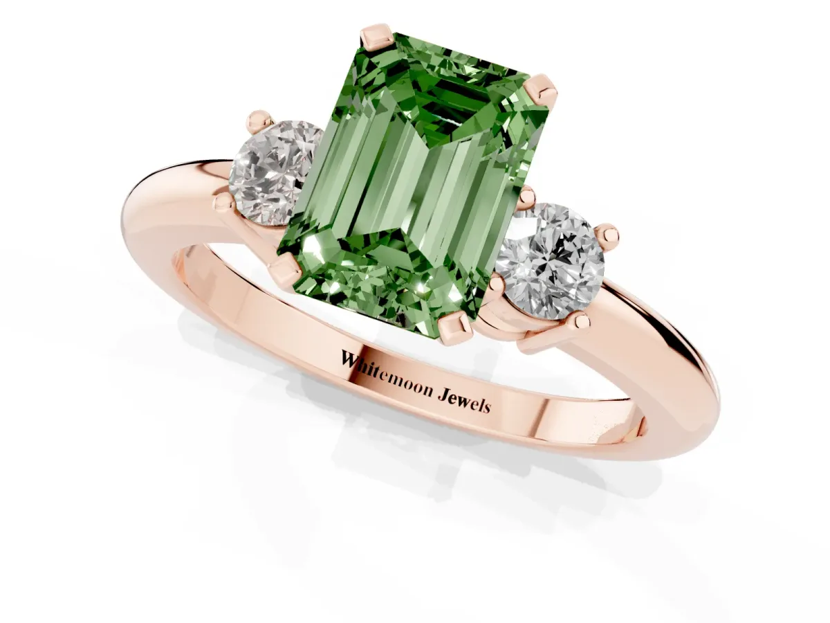 Fancy Green Three-Stone Emerald Cut Cut Diamond Solitaire with Prong Setting and Classic Band Rose gold
