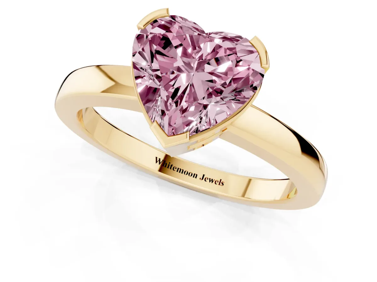 Fancy Pink Heart Cut Cut Solitaire Ring with Four-Prong Setting and Classic Band Yellow gold