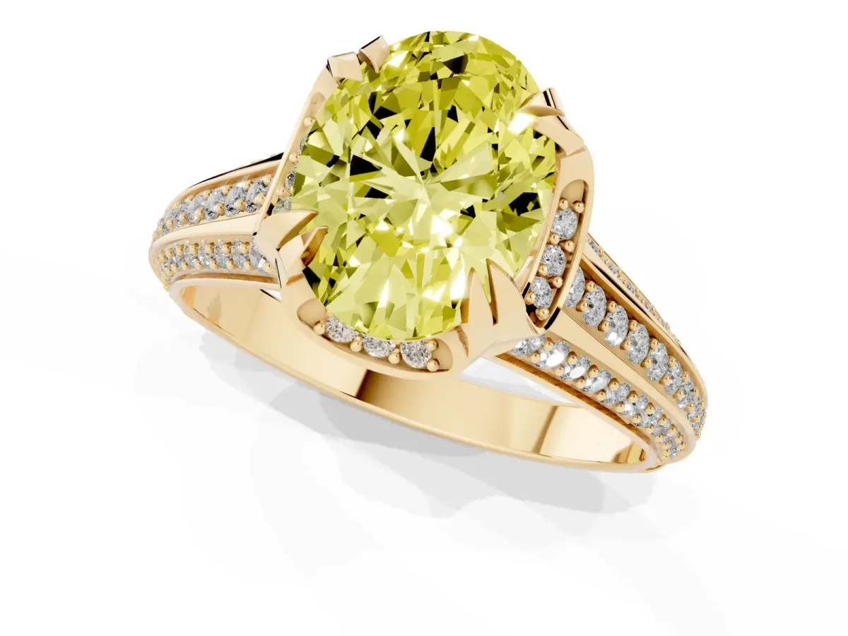 Fancy Yellow Oval Cut Solitaire Pave Split Shank Ring with Four-Prong Setting Yellow gold