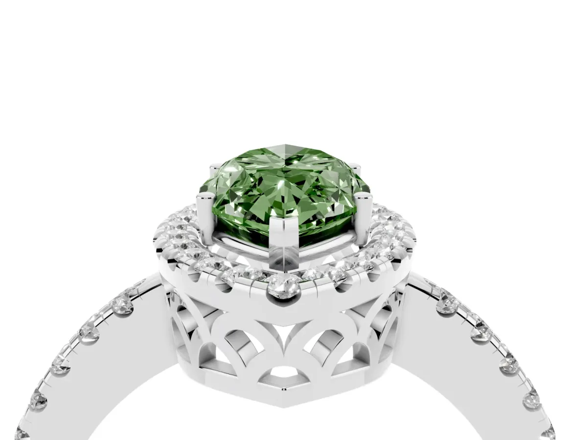 Fancy Green Marquise Cut Halo Diamond Engagement Ring with Pavé Band and Four-Prong Setting Silver