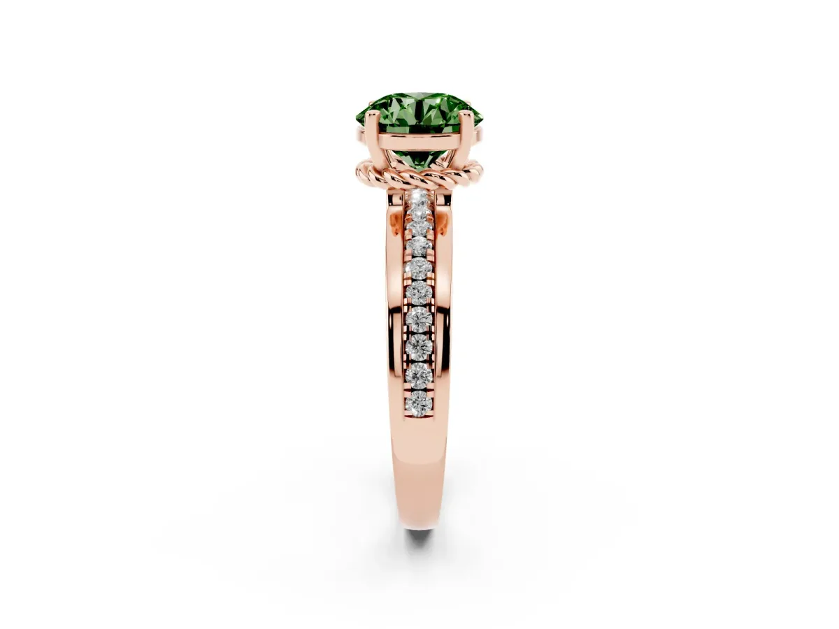 Fancy Green Round Cut Solitaire Diamond Ring with Channel Set Band and Six-Prong Setting Rose gold