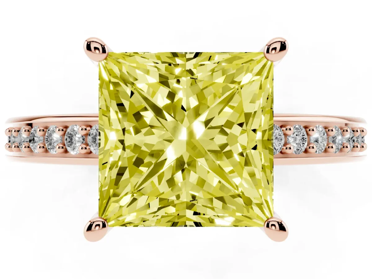 Fancy Yellow Princess Cut Solitaire Pavé Band Prong Setting Ring Rose gold