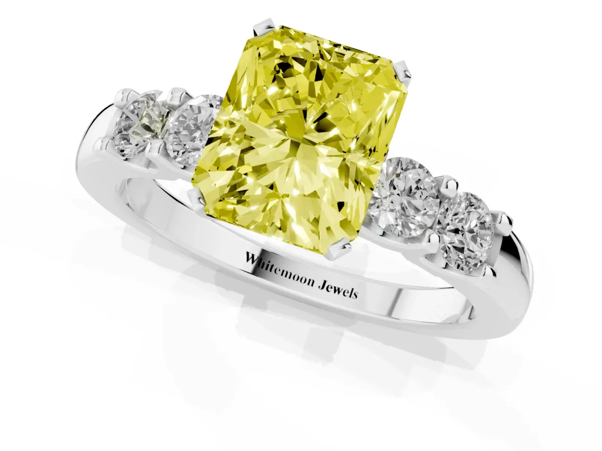 Fancy Yellow Radiant Cut Brilliant Cut Diamond Five-Stone Prong Set Engagement Ring with Channel Band White gold