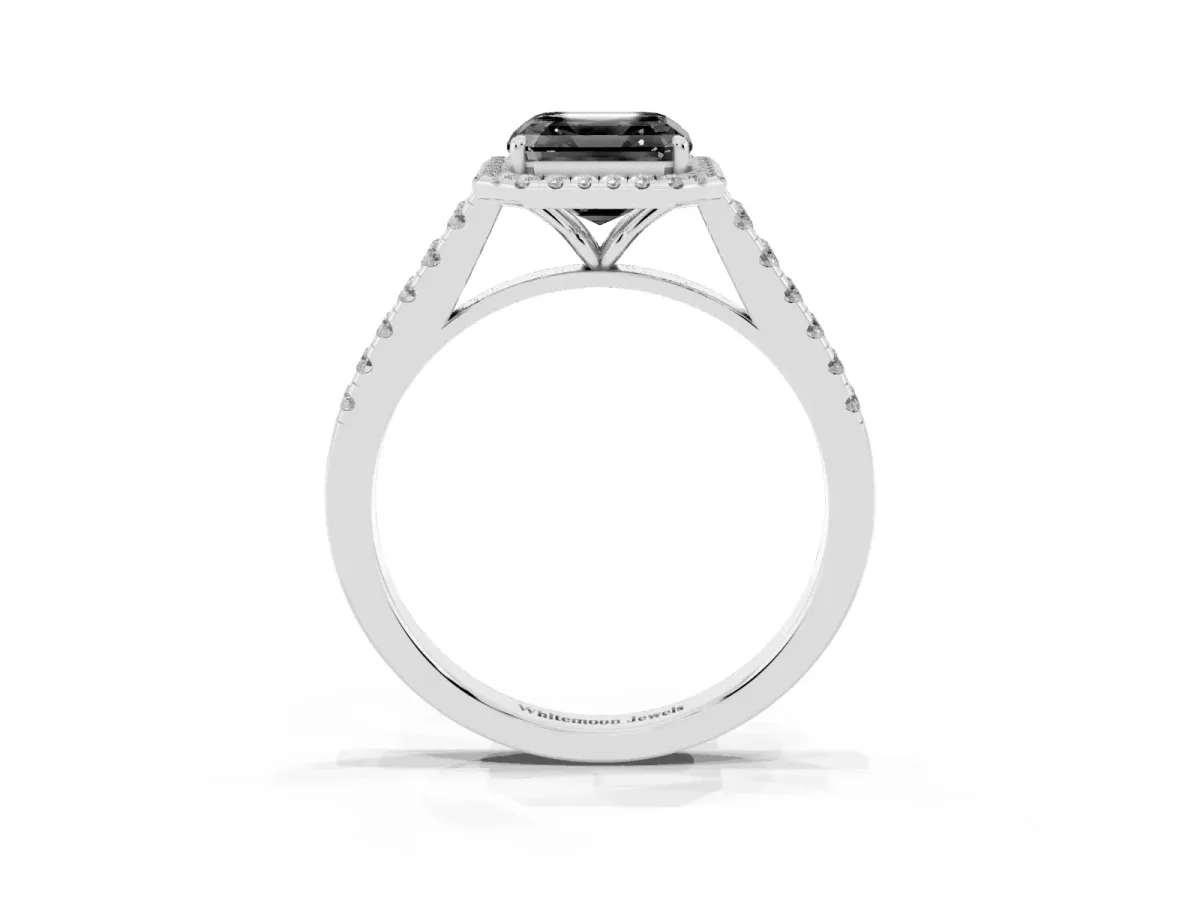 Fancy Black Asscher Cut Halo Pave Diamond Engagement Ring with Four-Prong Setting Silver