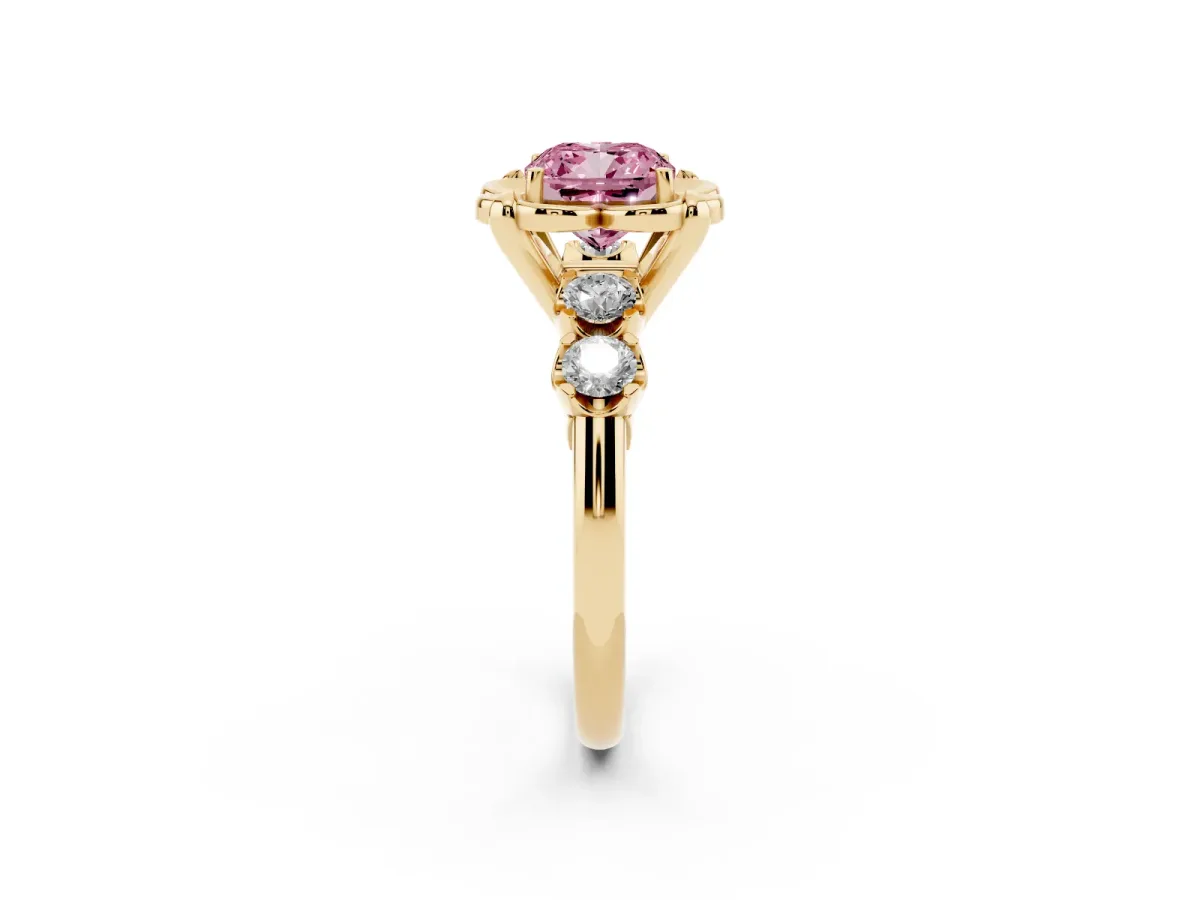 Fancy Pink Cushion Cut Cut Diamond Floral Halo Engagement Ring with Shared Prong Setting Yellow gold