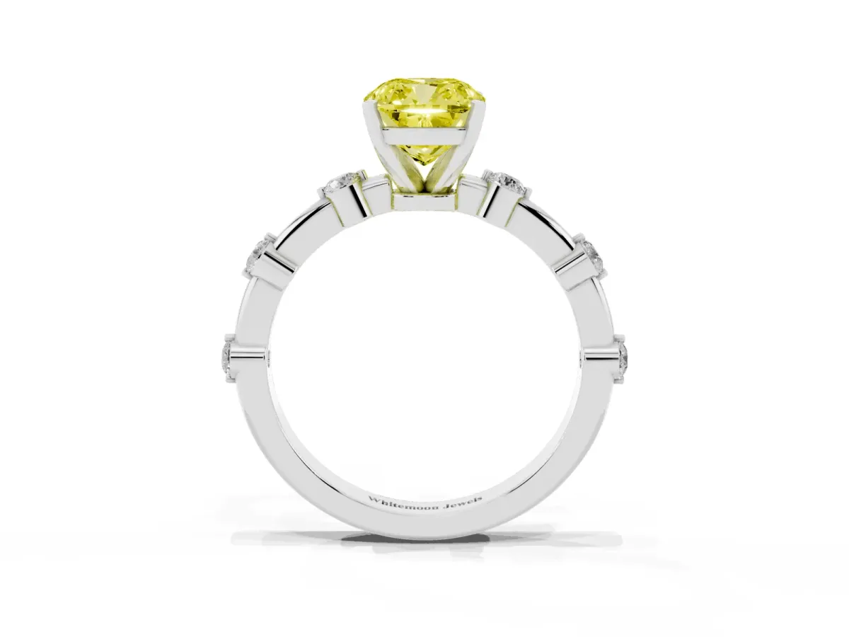 Fancy Yellow Cushion Cut Solitaire Diamond Ring with Bezel Set Side Stones and Prong Setting Silver