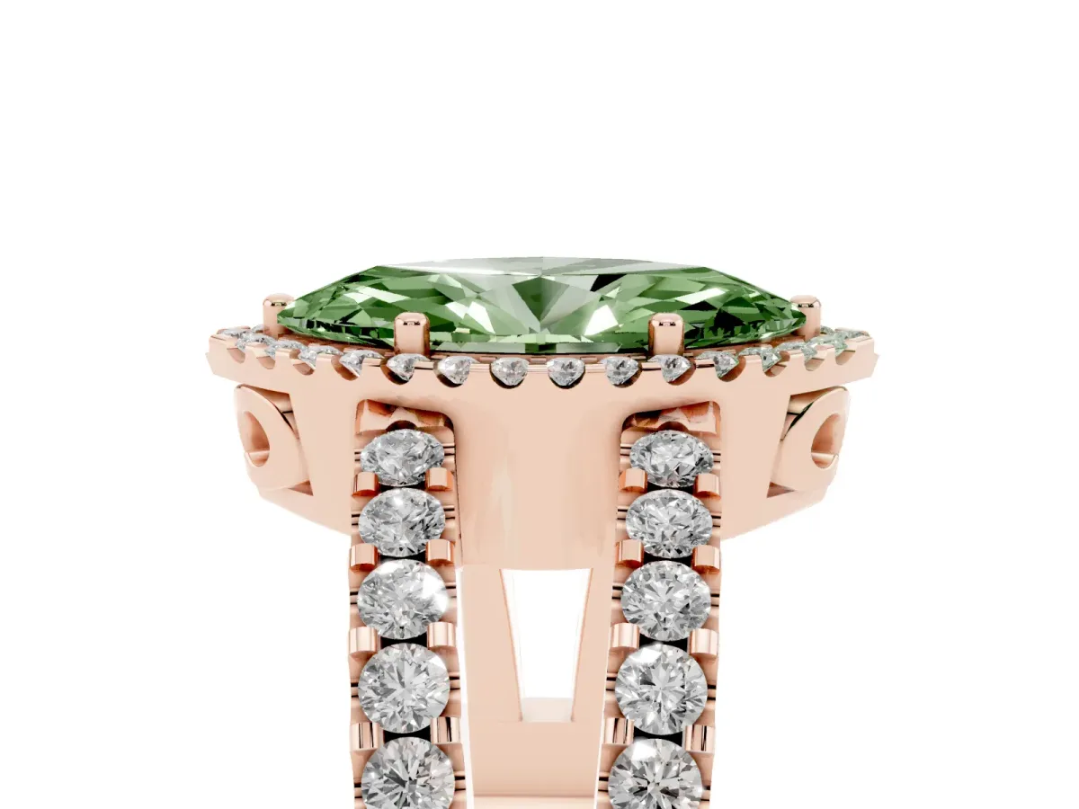 Fancy Green Marquise Cut Cut Halo Split Shank Diamond Ring with Four-Prong Setting Rose gold