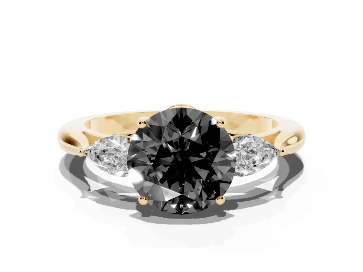 Fancy Black Three-Stone Round Cut Brilliant Diamond Solitaire Ring with Tapered Band and Four-Prong Setting Yellow gold