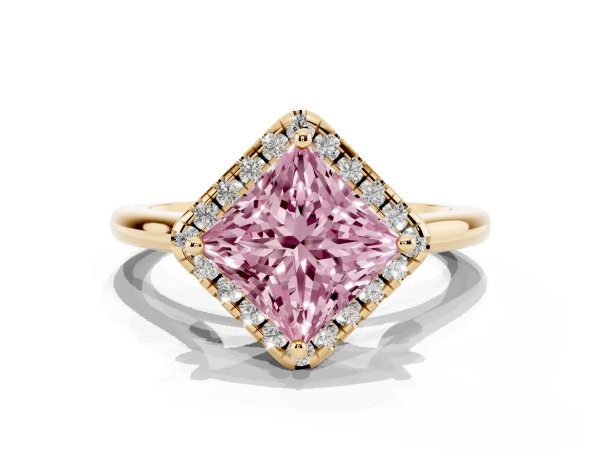 Fancy Pink Princess Cut Halo Round Diamond Solitaire Engagement Ring with Pave Band and Four-Prong Setting Yellow gold