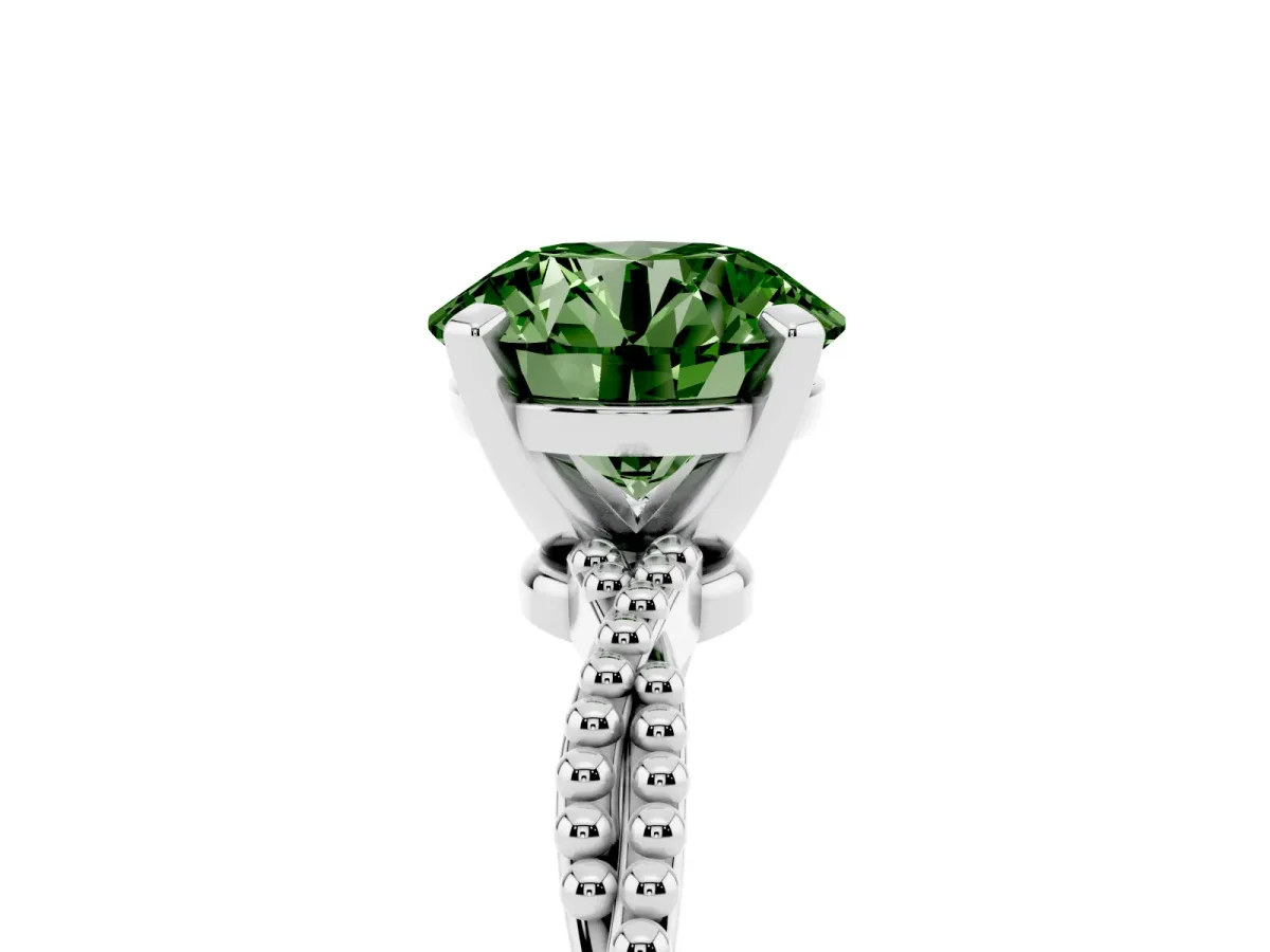Fancy Green Round Cut Solitaire Twisted Band with Bead Prong Setting White gold
