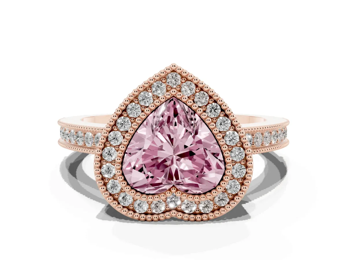 Fancy Pink Heart Cut Cut Halo Diamond Ring with Pavé Band and Milgrain Prong Setting Rose gold