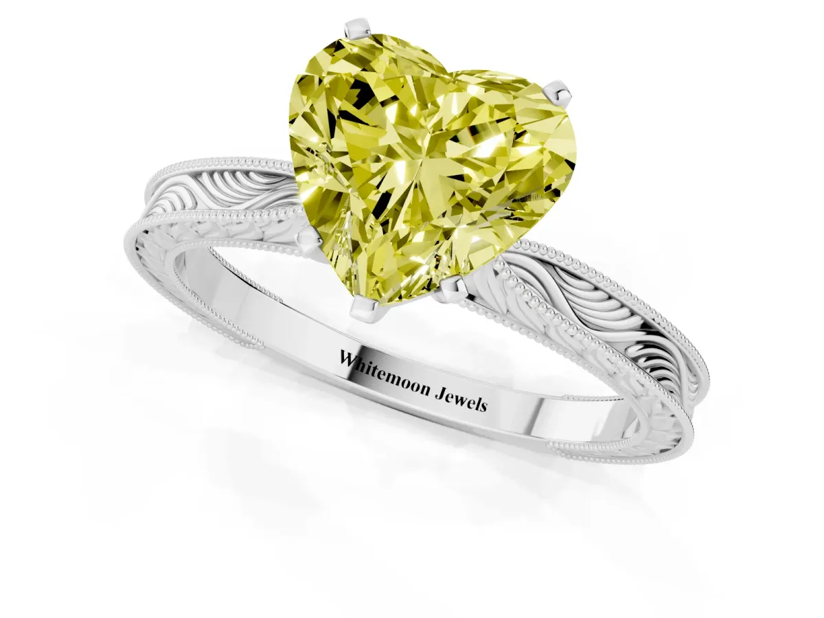 Fancy Yellow Heart Cut Solitaire Milgrain Engraved Band with Four-Prong Setting Silver