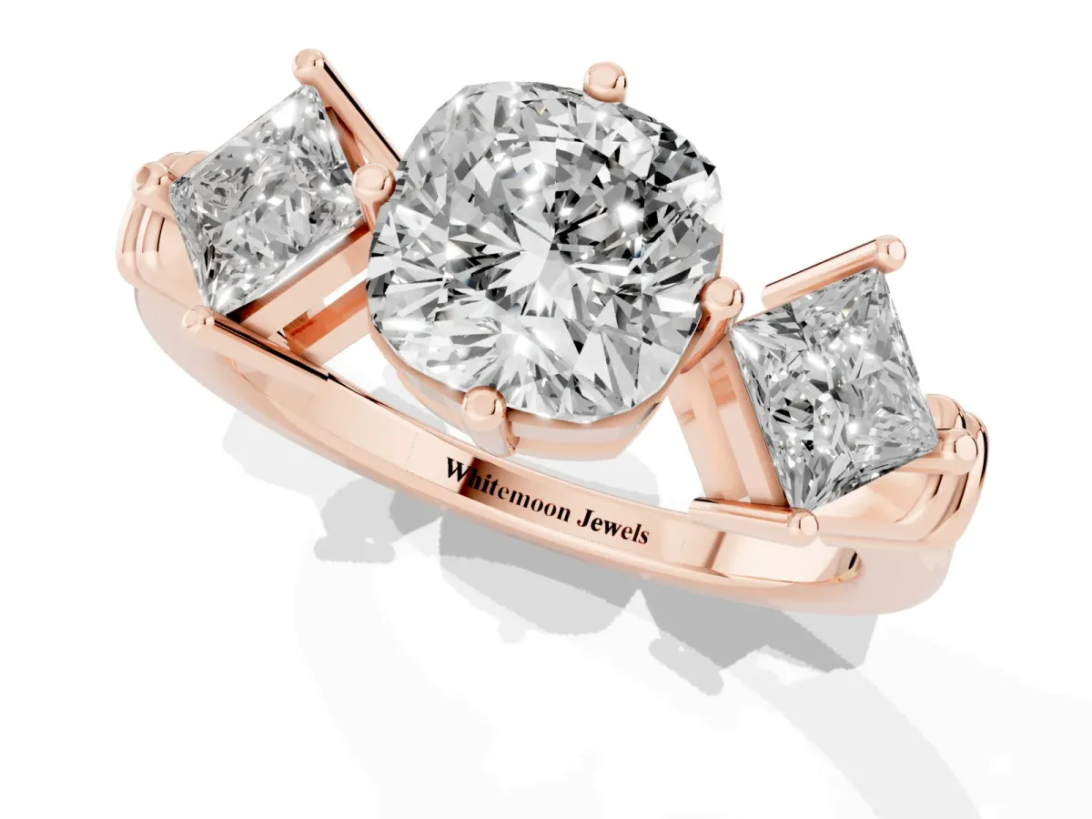 Three-Stone Cushion Cut and Princess Cut Diamond Ring with Channel Band and Four-Prong Setting Rose gold