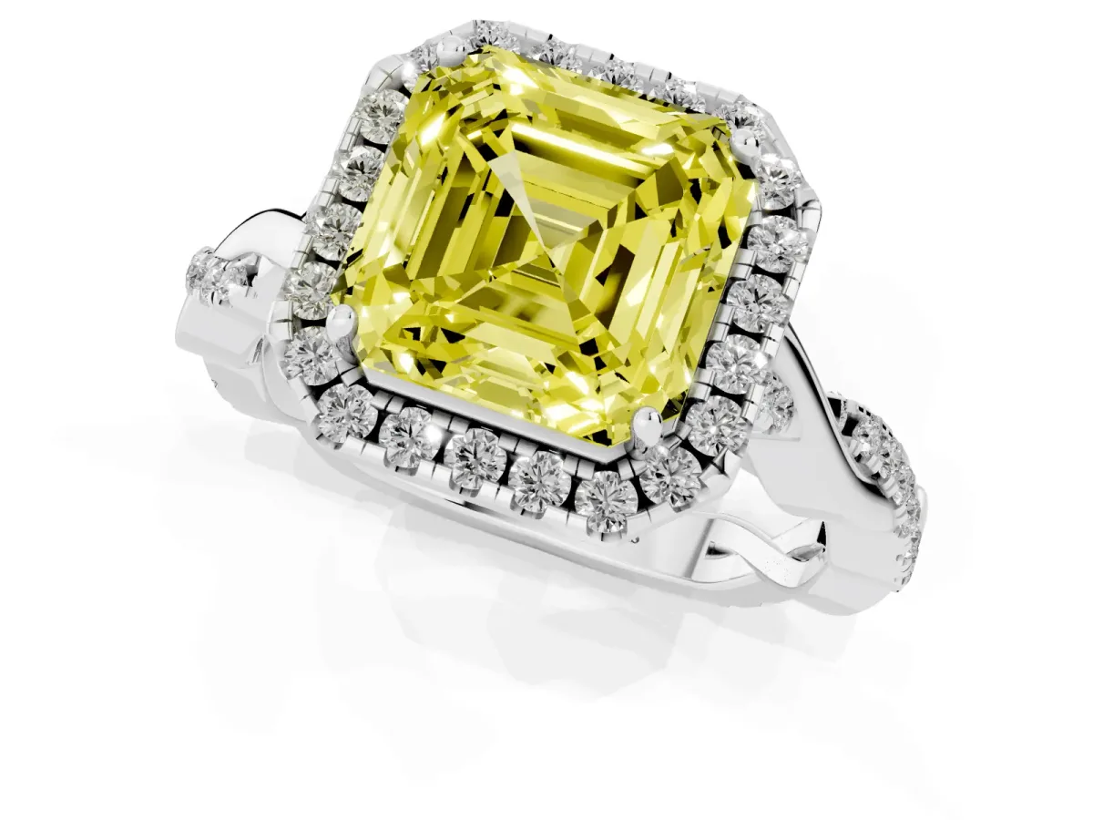 Fancy Yellow Asscher Cut Halo Twist Band Solitaire Ring Silver