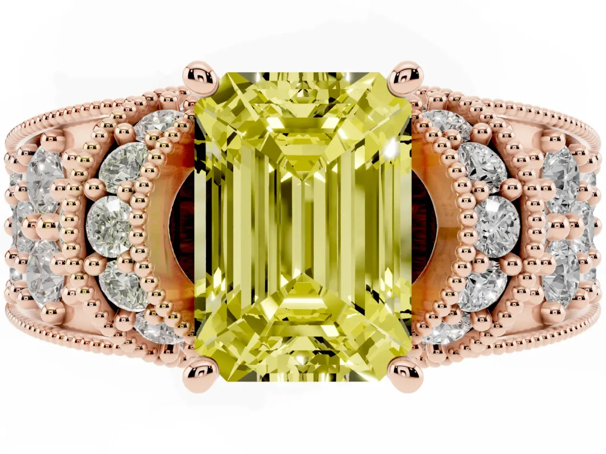 Fancy Yellow Emerald Cut Halo Pave Diamond Engagement Ring with Milgrain Detailing Rose gold