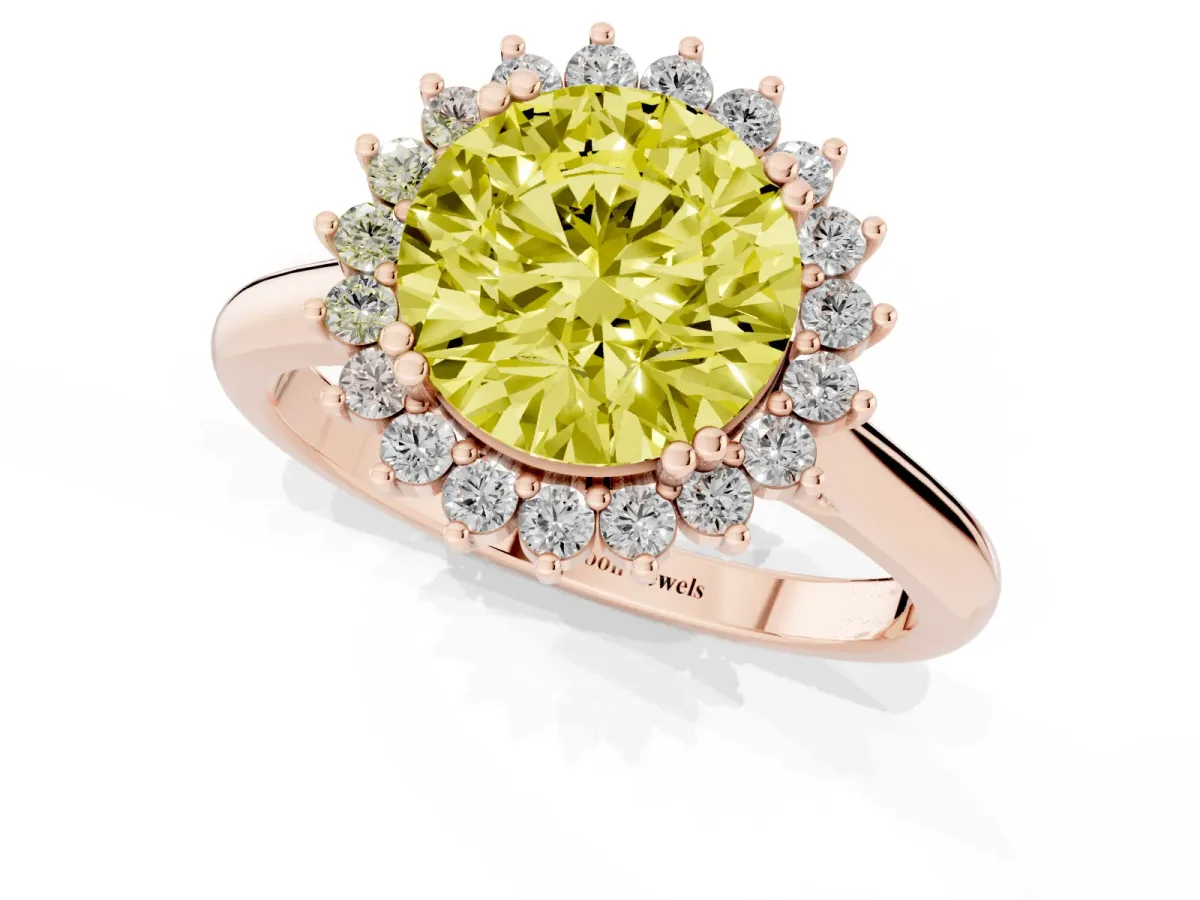 Fancy Yellow Round Cut Cut Diamond Halo Ring with Solitaire Band and Prong Setting Rose gold