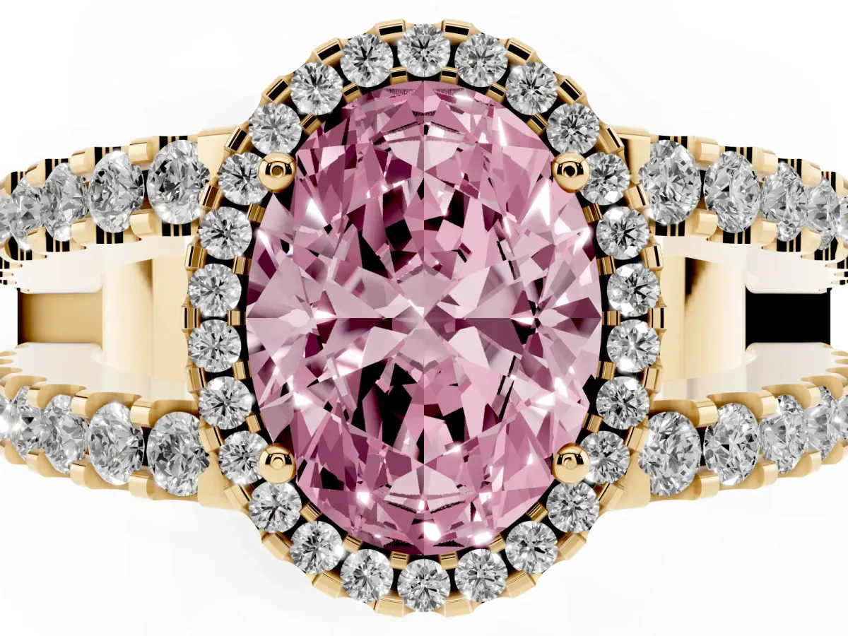 Fancy Pink Oval Cut Cut Halo Split Shank Diamond Ring with Four-Prong Setting Yellow gold