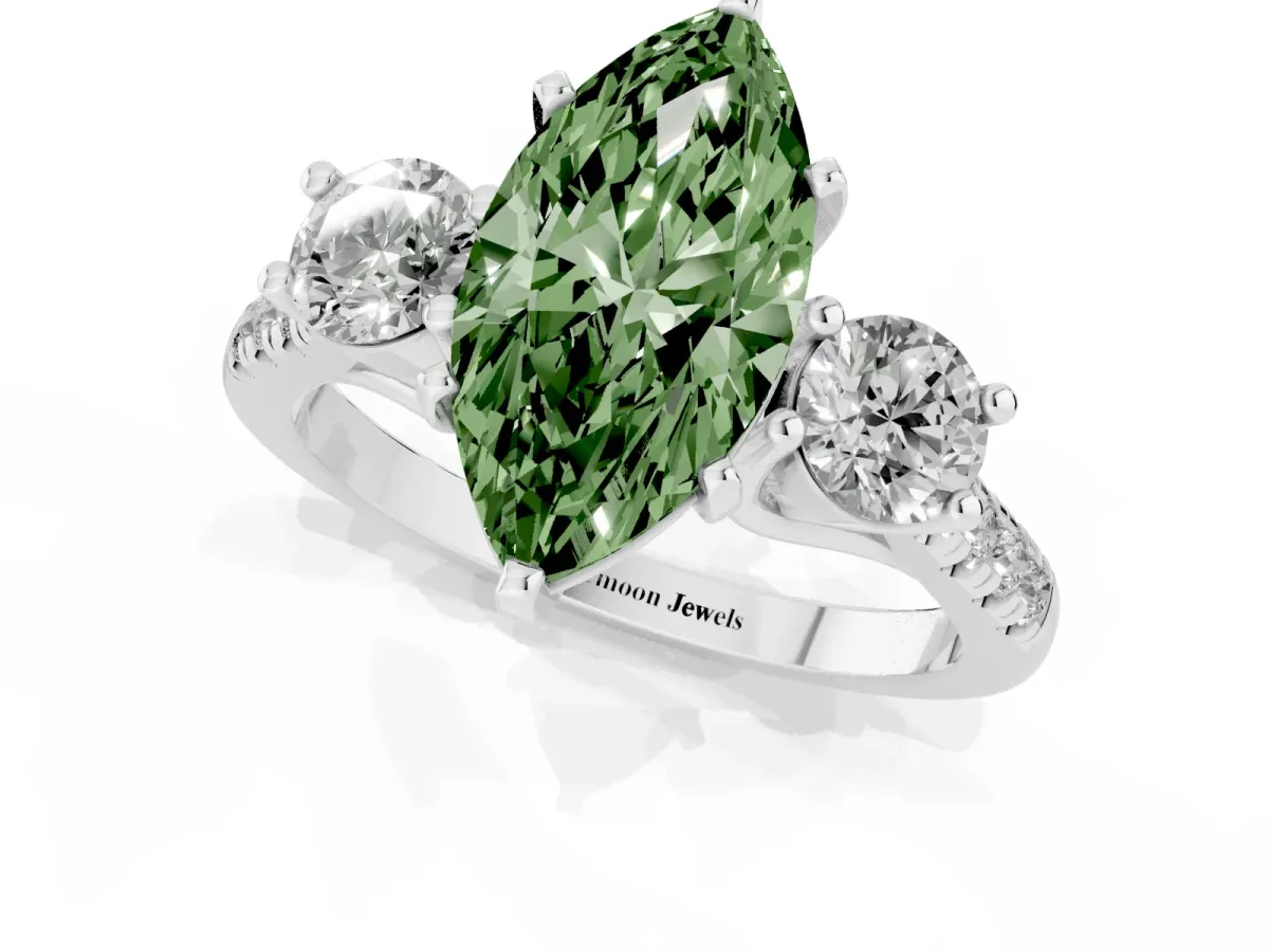 Fancy Green Three-Stone Marquise Cut Diamond Pavé Band with Four-Prong Setting Silver