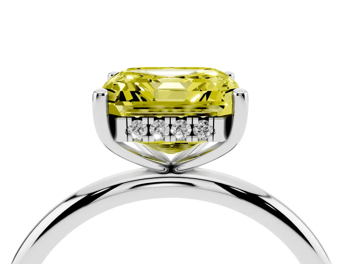 Fancy Yellow Asscher Cut Cut Solitaire Engagement Ring with Four-Prong Setting and Classic Band Silver
