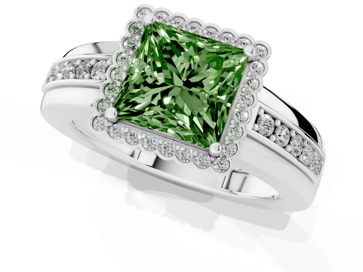 Fancy Green Princess Cut Cut Halo Pave Band Four-Prong Ring Silver