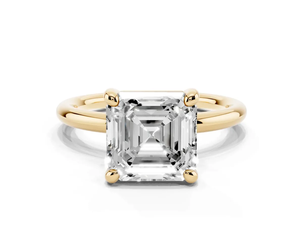 Asscher Cut Solitaire Diamond Ring with Four-Prong Setting on a Plain Band Yellow gold