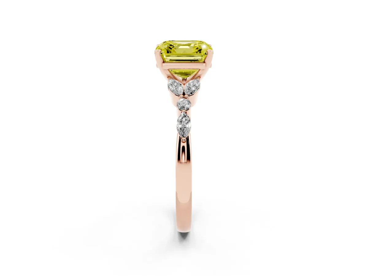 Fancy Yellow Asscher Cut Diamond Solitaire Ring with Side Stones and Four-Prong Setting Rose gold