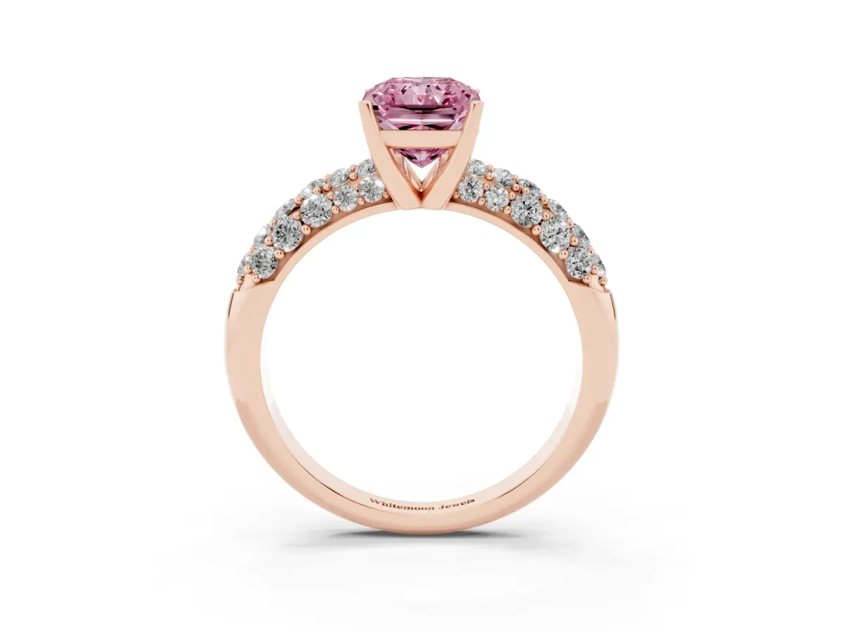 Fancy Pink Radiant Cut Diamond Pavé Band Solitaire Ring with Four-Prong Setting Rose gold