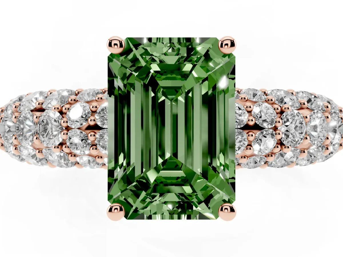 Fancy Green Emerald Cut Diamond Pavé Band Solitaire Ring with Four-Prong Setting Rose gold