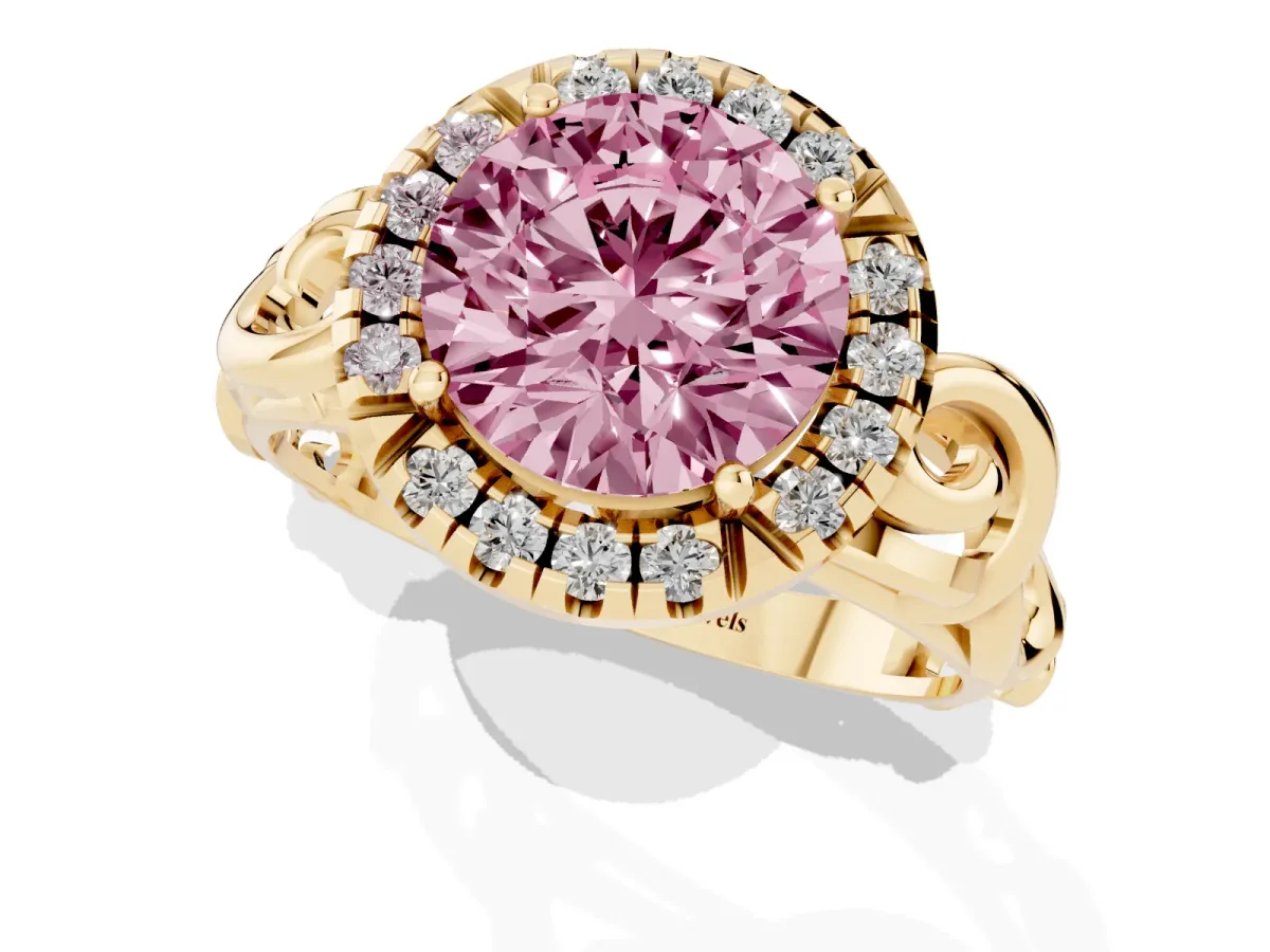 Fancy Pink Round Cut Cut Halo Diamond Ring with Scrollwork Band and Four-Prong Setting Yellow gold