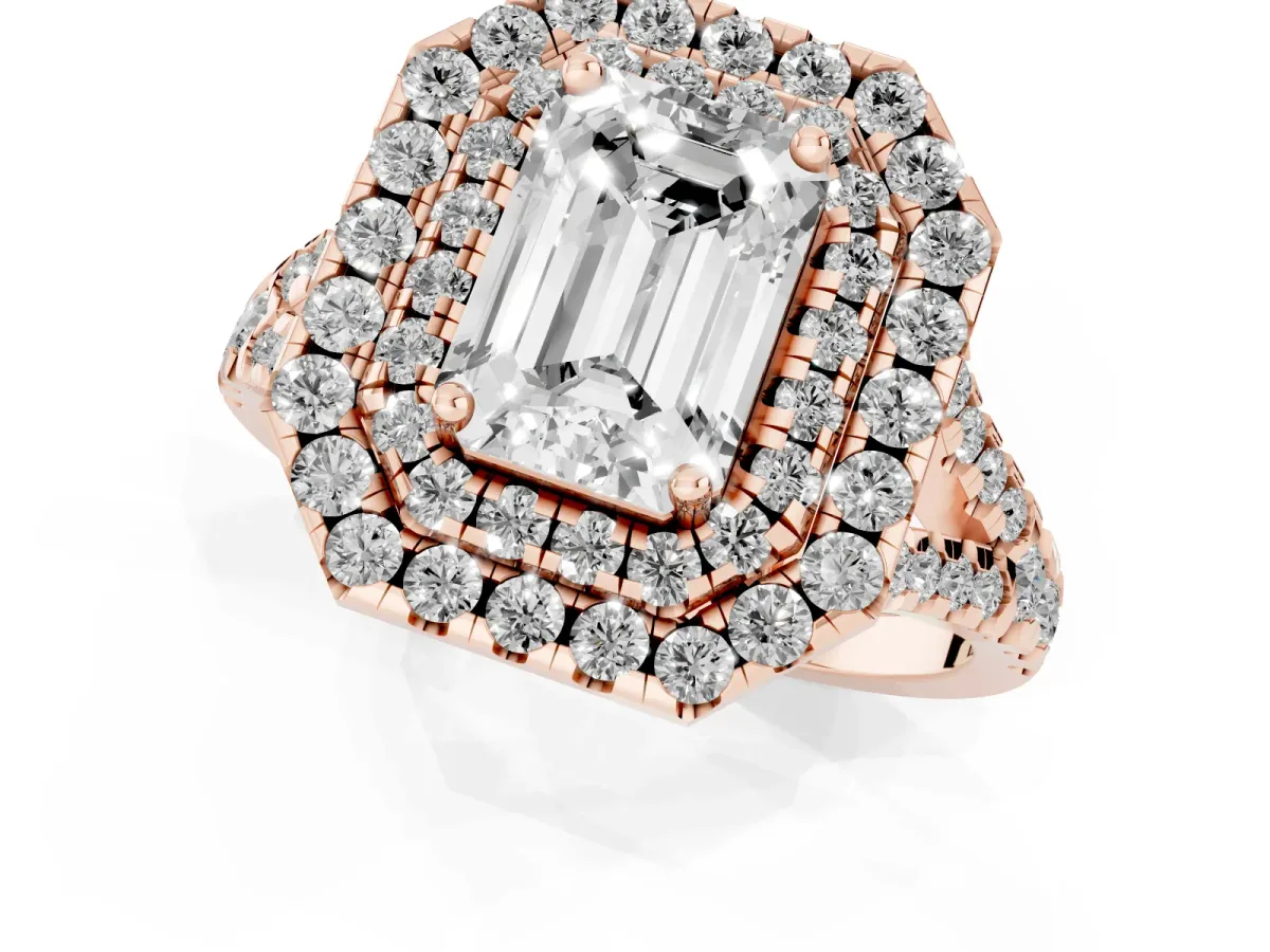 Double Halo Emerald Cut Diamond Pavé Split Shank Ring with Prong Setting Rose gold