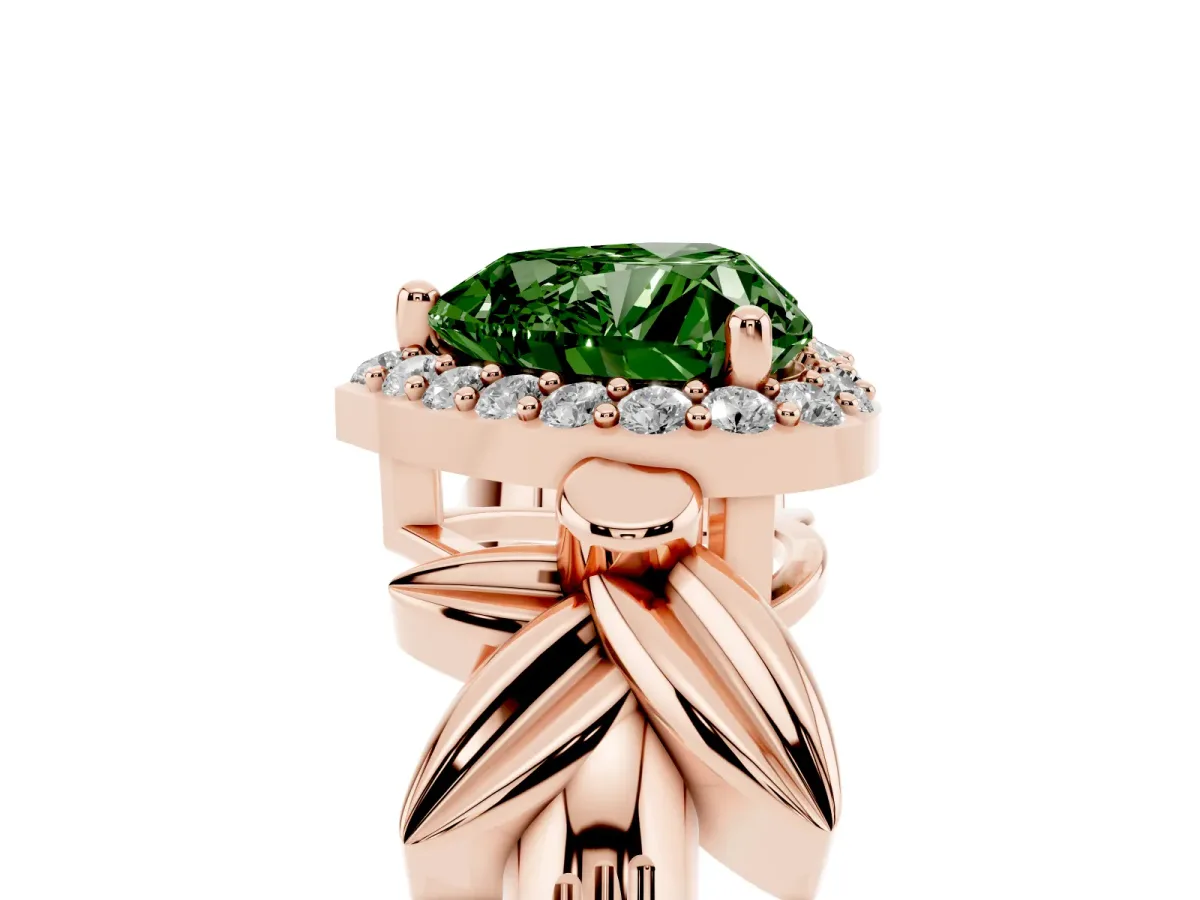 Fancy Green Heart Cut Halo Diamond Floral Band with Four-Prong Setting Rose gold