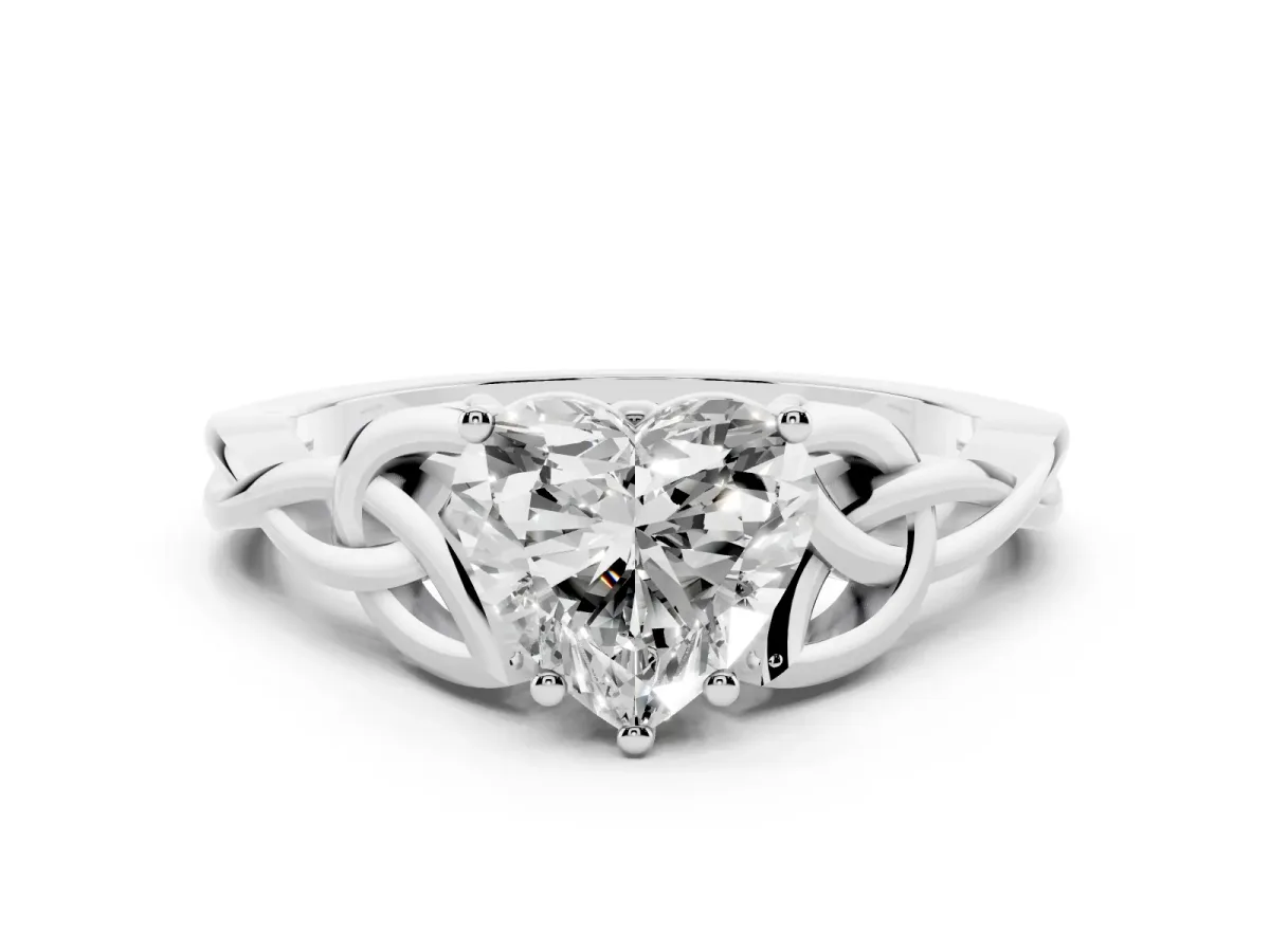 Heart Cut Diamond Solitaire Engagement Ring with Celtic Knot Band and Four-Prong Setting Platinum