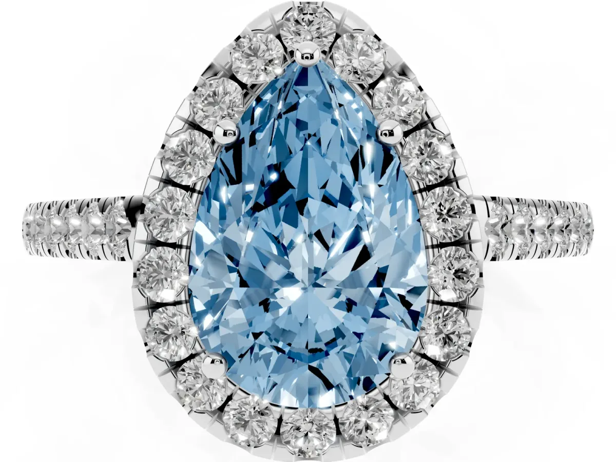 Fancy Blue Pear Cut Halo Pave Diamond Engagement Ring with Four-Prong Setting Silver