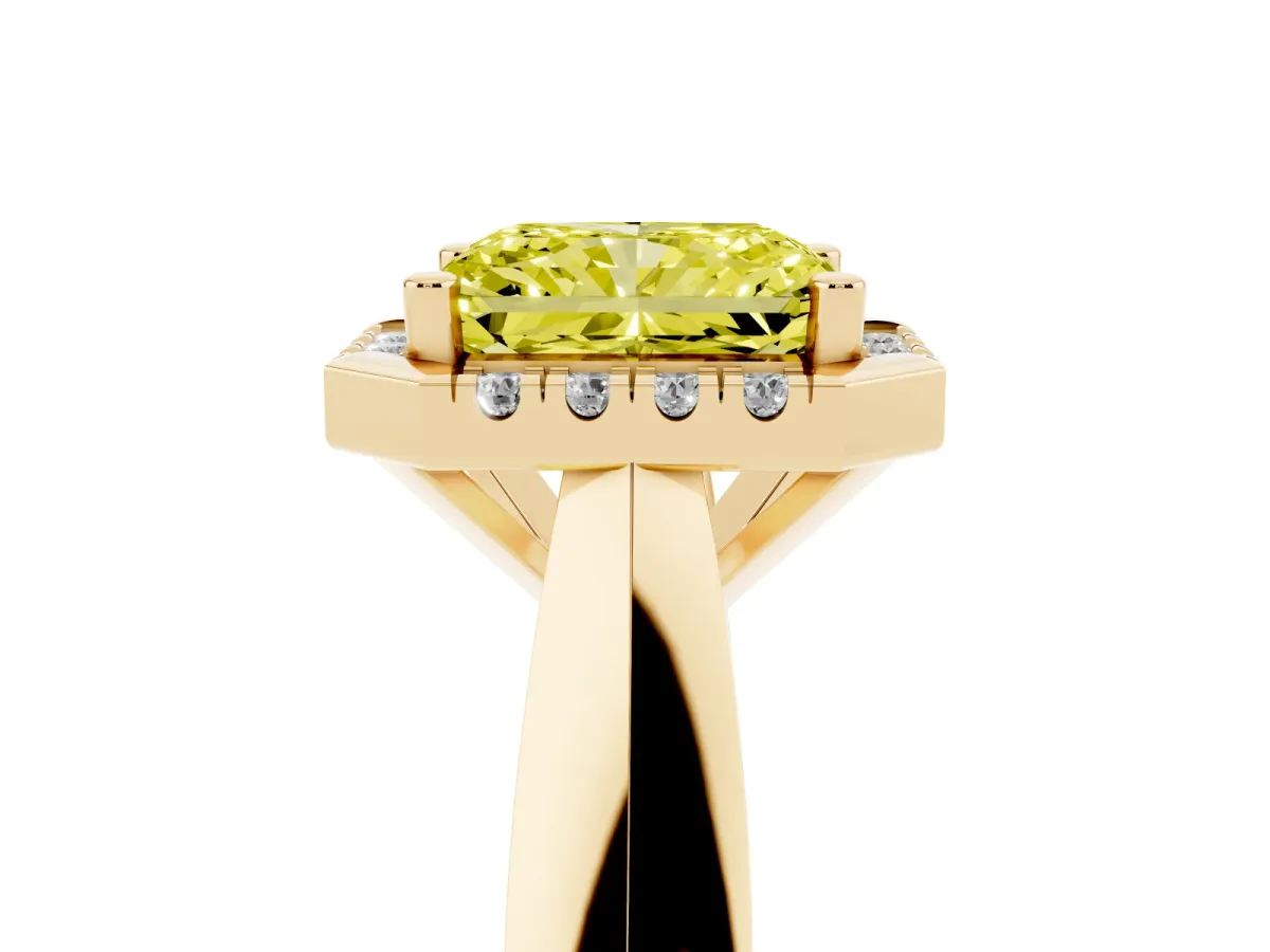 Fancy Yellow Radiant Cut Cut Halo Solitaire Engagement Ring with Square Band and Four-Prong Setting Yellow gold