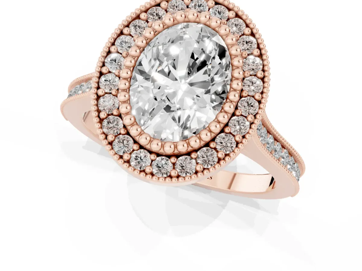 Oval Cut Diamond Halo Ring with Milgrain Frame and Pavé Band Rose gold