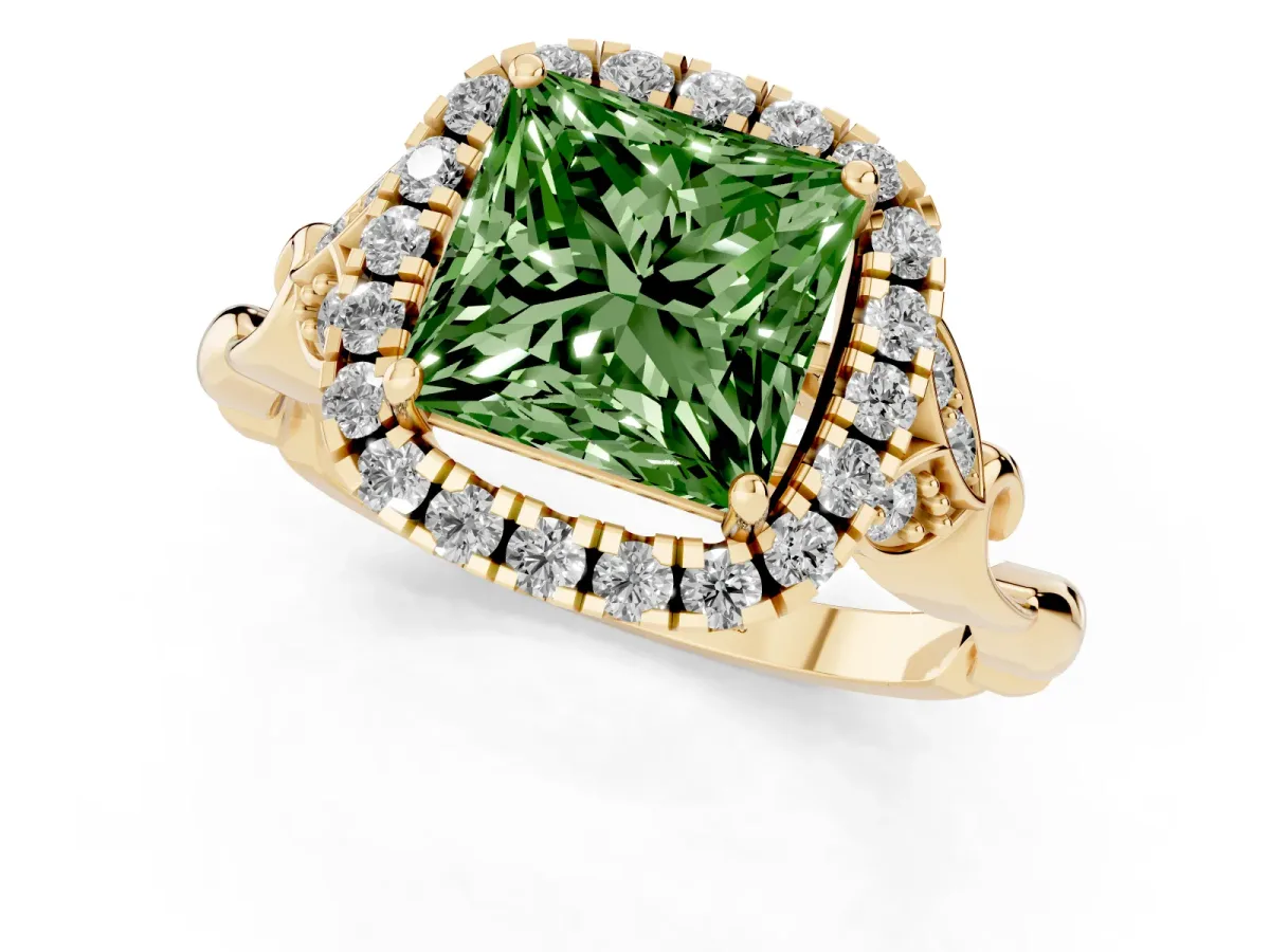Fancy Green Princess Cut Halo Diamond Engagement Ring with Vintage-Inspired Band and Four-Prong Setting Yellow gold