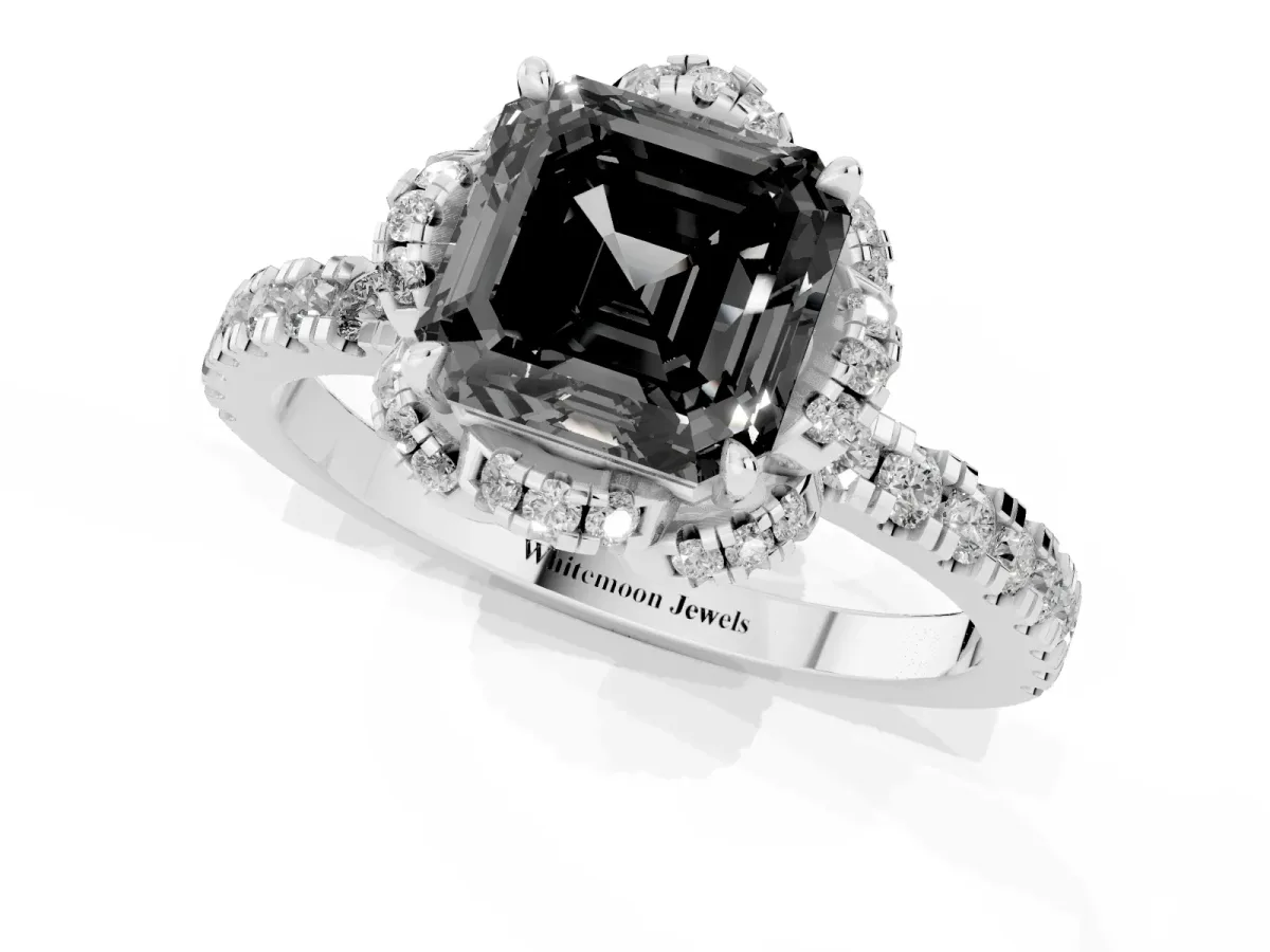 Fancy Black Asscher Cut Diamond Halo Pave Band with Four-Prong Setting Silver