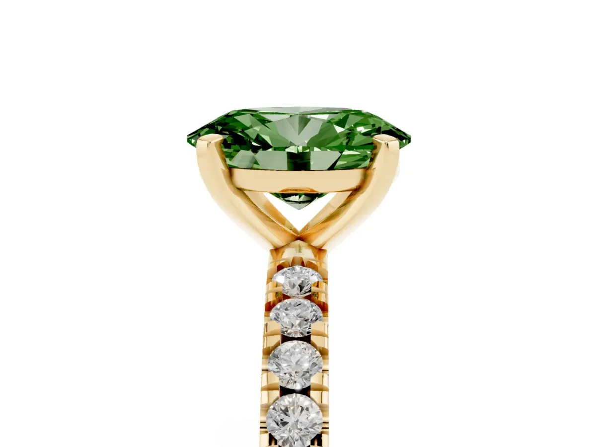 Fancy Green Oval Cut Diamond Pavé Band Solitaire with Four-Prong Setting Yellow gold