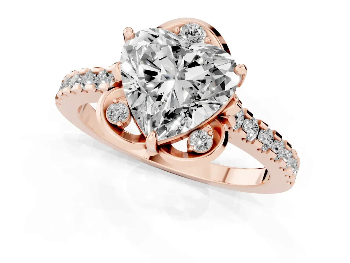 Heart Cut Diamond Ring with Pavé Band and Floral Prong Setting Rose gold