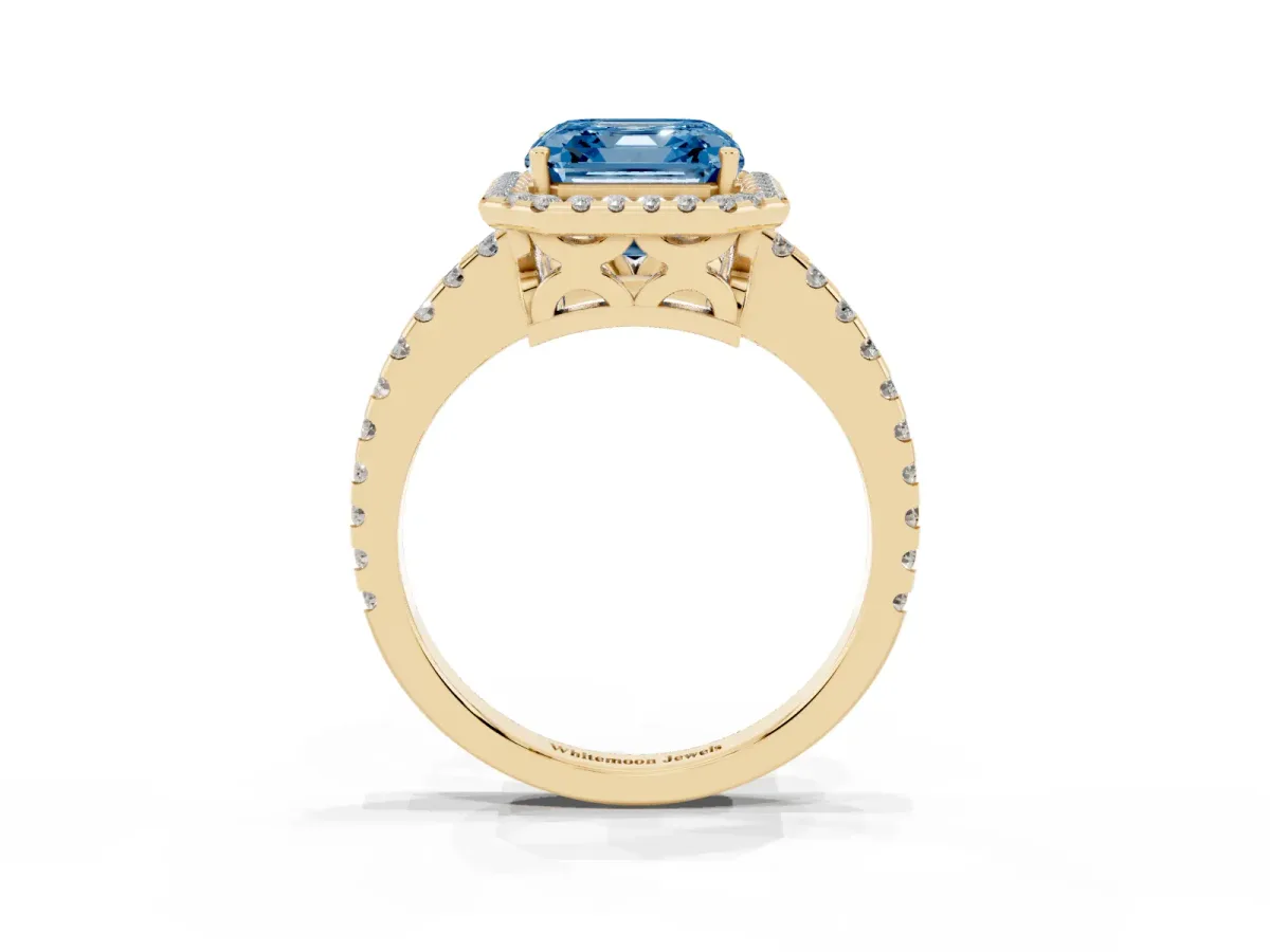 Fancy Blue Asscher Cut Diamond Halo Engagement Ring with Pavé Band and Prong Setting Yellow gold
