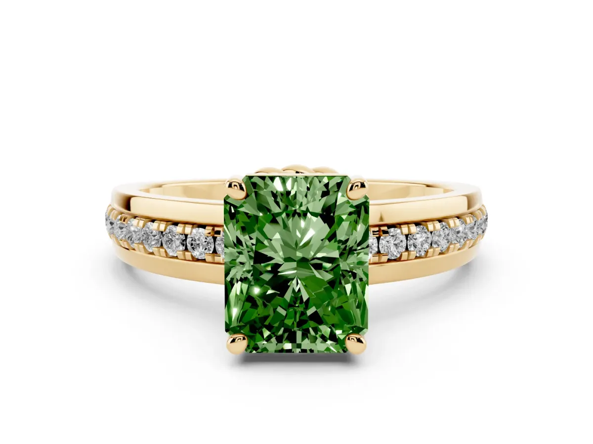 Fancy Green Radiant Cut Solitaire Diamond Ring with Channel Set Band and Six-Prong Setting Yellow gold