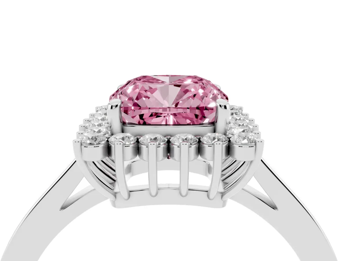 Fancy Pink Cushion Cut Cut Diamond Halo Ring with Round Brilliant Halo and Solitaire Band Platinum