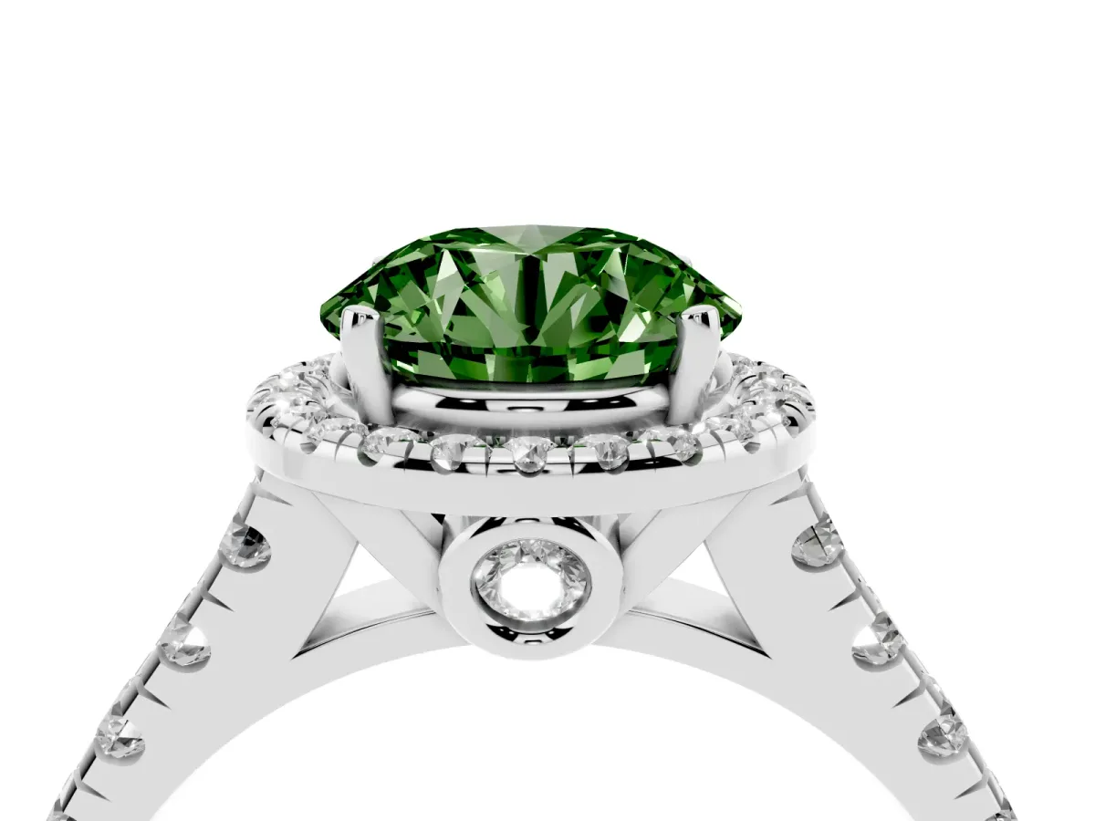 Fancy Green Round Cut Halo Pavé Diamond Engagement Ring with Four-Prong Setting Silver