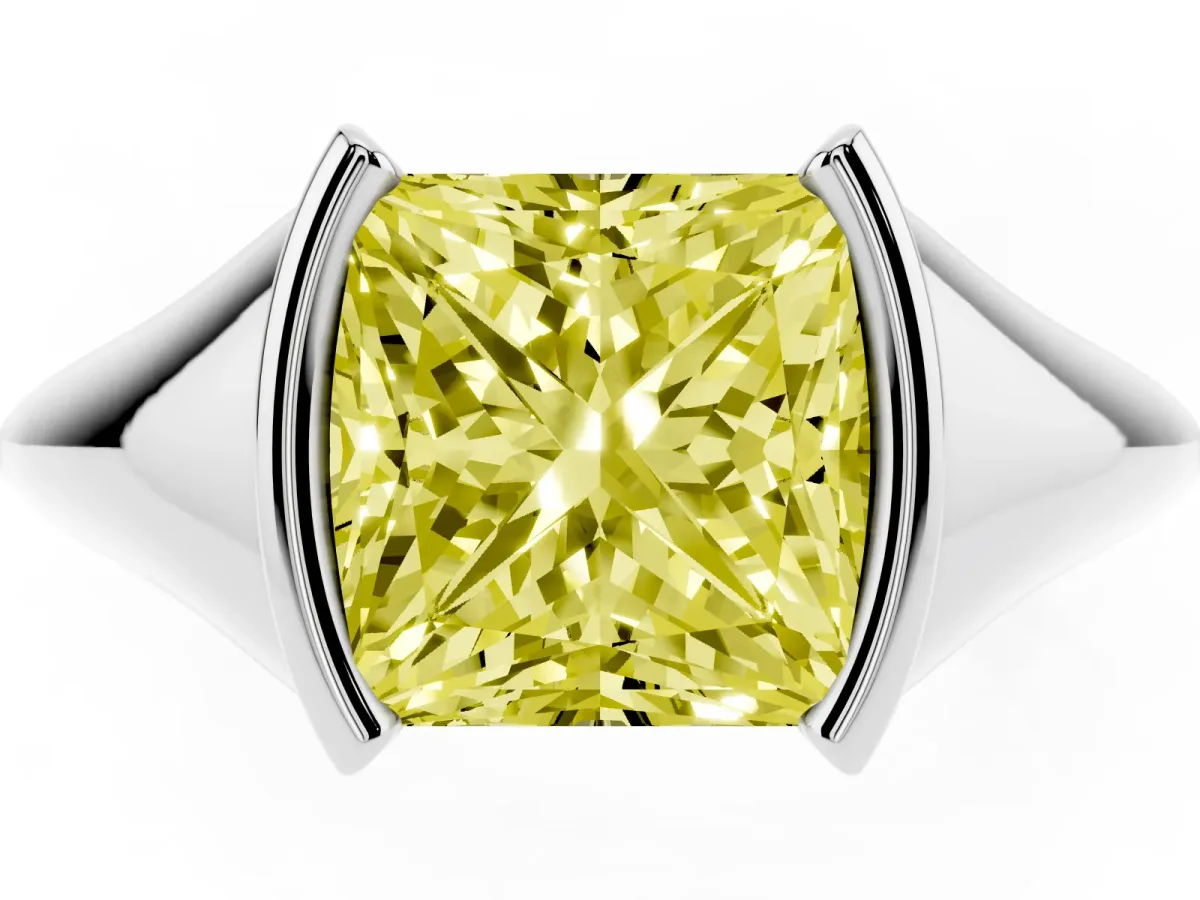 Fancy Yellow Princess Cut Solitaire Tension Set Diamond Ring Silver