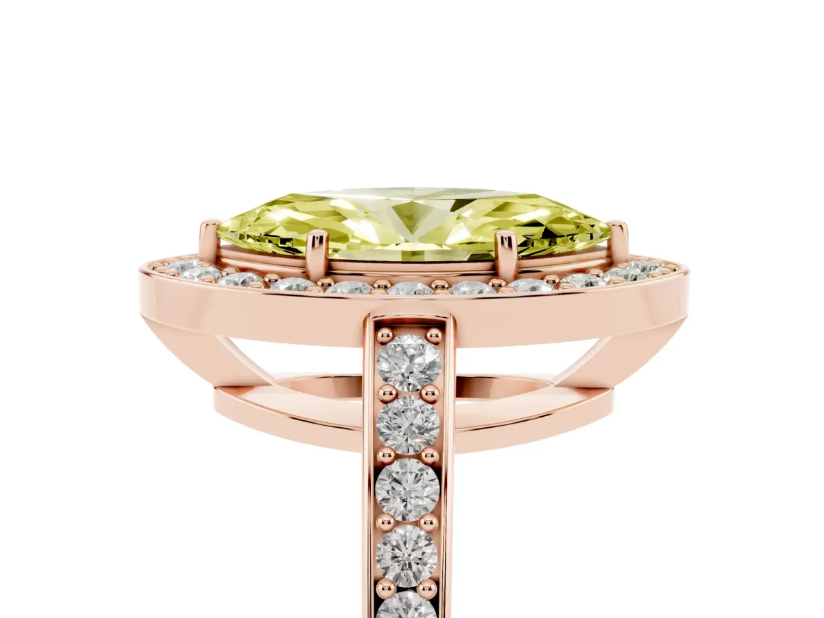 Fancy Yellow Marquise Cut Halo Pavé Diamond Engagement Ring with Bezel Setting Rose gold